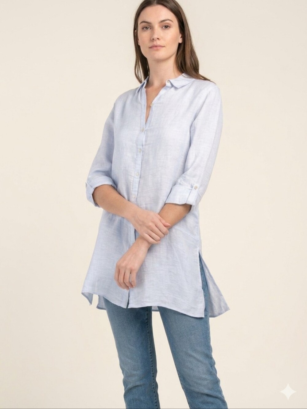 Tahari 100% Linen Tunic Size L Large Shirt Light Blue Long Sleeve Resortwear